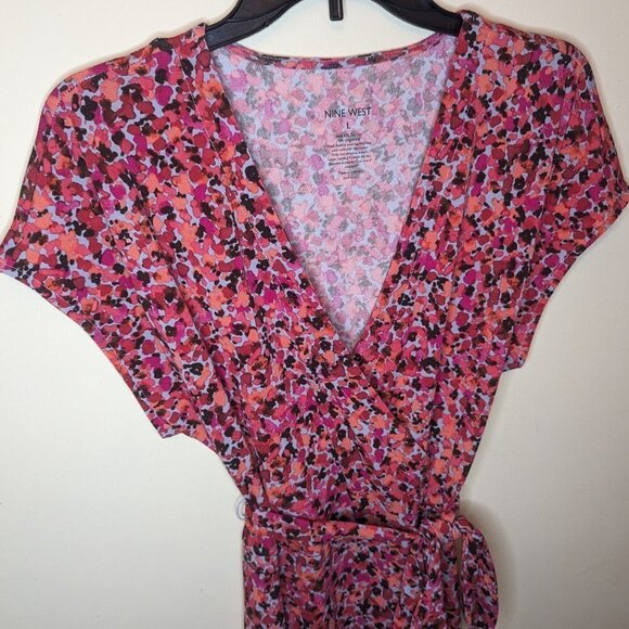 Nine West floral faux wrap dress pink and orange size Large - Picture 2 of 10